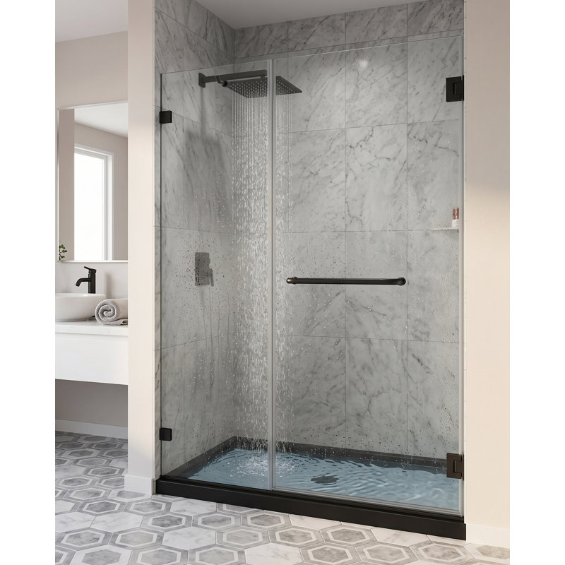 Porte de douche pivotante sans cadre à fermeture en douceur l 48 po x H 74 po, verre trempé transparent de 3/8 po (10 mm), porte de douche battante à charnière avec porte-serviettes et crochet, revêtement double face, noir