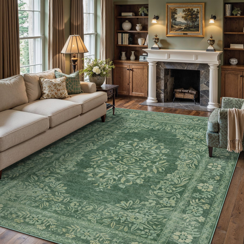 Stella Machine Washable Oriental Area Rug With Non-Slip Backing, Rectangle 8' x 10', Green