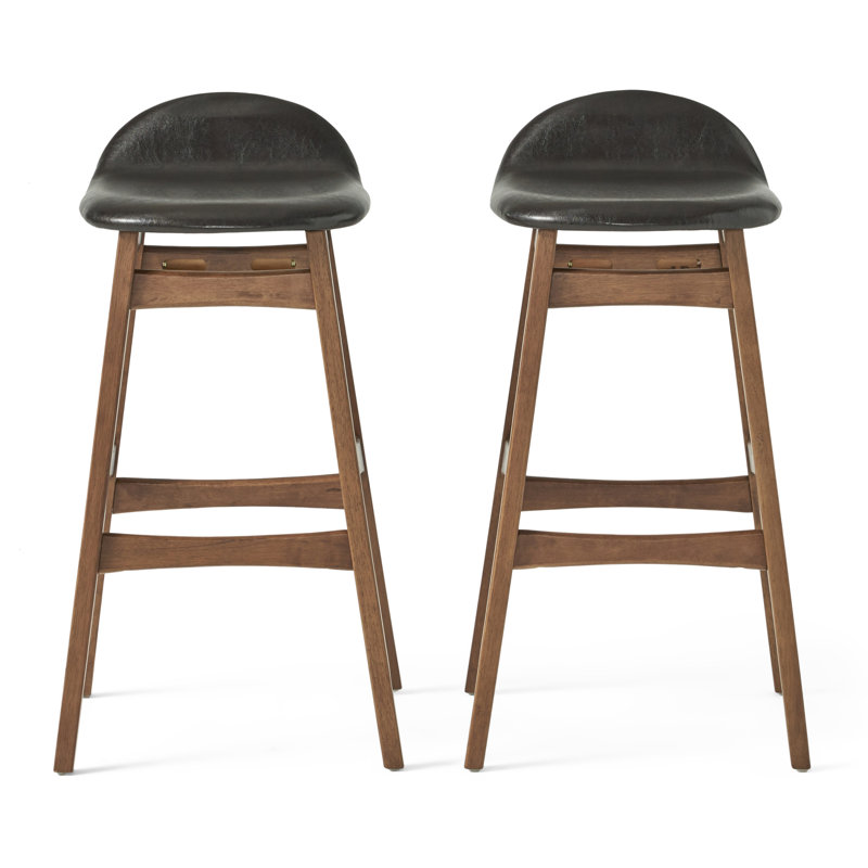  Tabourets de bar en cuir de polyuréthane brun foncé, ensemble luxueux de 2 chaises de pub de style Mid-Century moderne, tabourets contemporains en bois à finition noyer à dossier bas