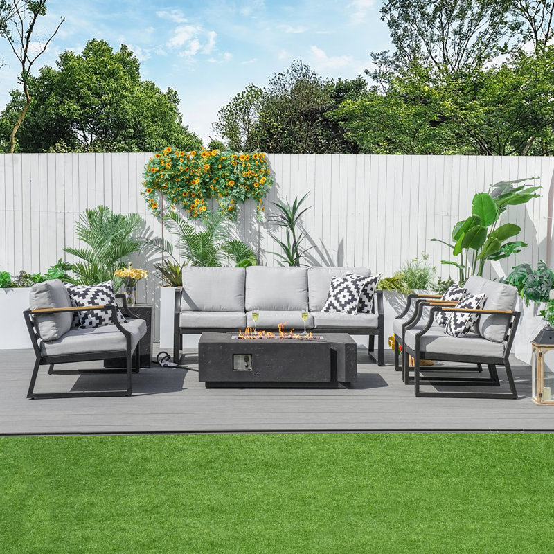 Flinda Metal 7 - Person Outdoor Seating Group With Fire Pit And Cushions