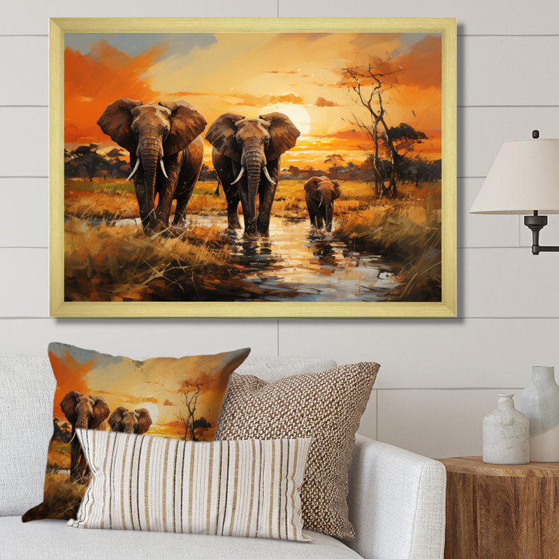 Éléphant d'Afrique prairies IV - Éléphant, art mural, Cadre doré simple, H 34 po x l 44 po x P 1,5 po