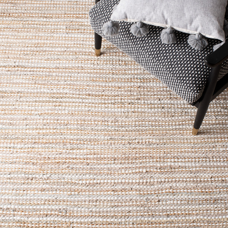 Bowen Hand Woven Leather Cotton/Jute Striped Rug in Beige, Rectangle 5' x 8'