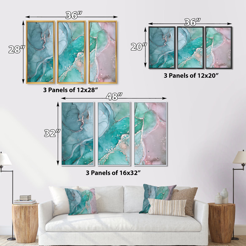 Turquoise abstrait marbré - 3 pièces, reproduction sur toile flottante, Cadre noir, H 20 po x l 36 po x P 1 po