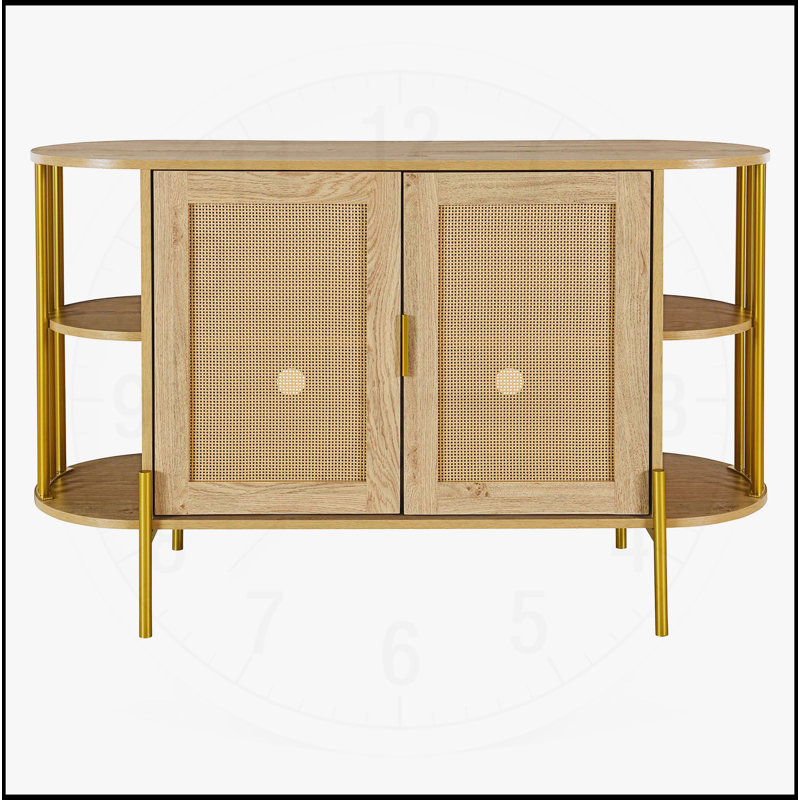 Élégante armoire de salle à manger courbée avec bordure dorée et portes en rotin tissé, Gris foncé