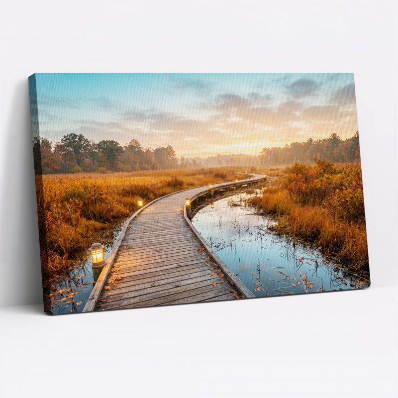 «Winding Wooden Boardwalk travers Marsh at Sunset», art mural sur toile, 12"H x 18"W