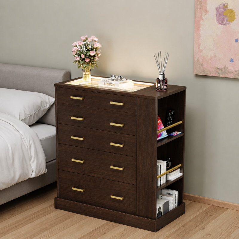 5 Drawer Dresser with LED Lighting & Glass Top, 31.71" Storage Cabinet with Side Shelves & Jewelry Organizer, Modern Closet Island Chest for Bedroom, White