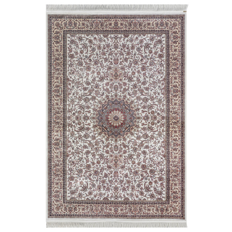 Minyatur White & Cream Medallion Area Rug – Low-Pile 100% Viscose Traditional Carpet for Living Room, Bedroom & Entryway