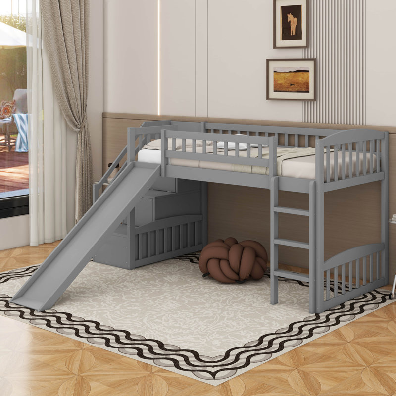 Lit mezzanine simple avec glissière Stairway, Gris