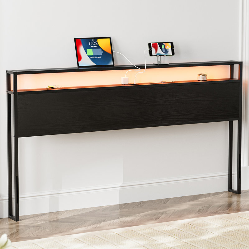 Anasofia Storage Headboard with Led Lights and Charging Station, Black, King