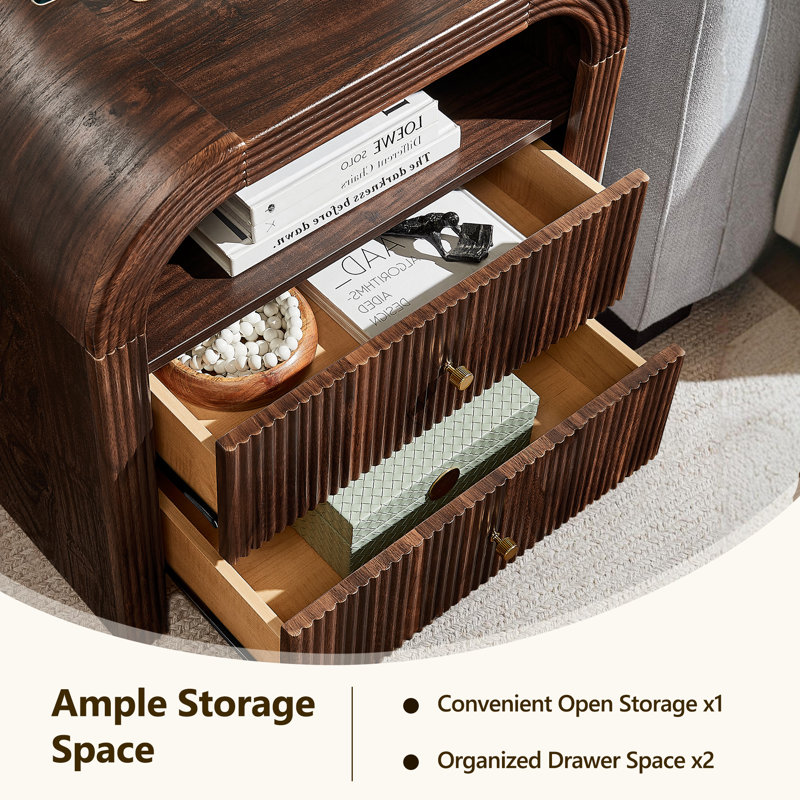 24" Fluted Nightstand With Charging Station And 2 Storage Drawers, Modern End Table With Open Shelves,  Dark Walnut