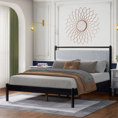 Structure de lit double en bois avec tête de lit moelleuse, cadre gris et noir