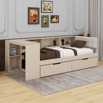 Twin Size Platform Bed With Storage Shelves, Drawers, Charging Station And Upholstered Headboard