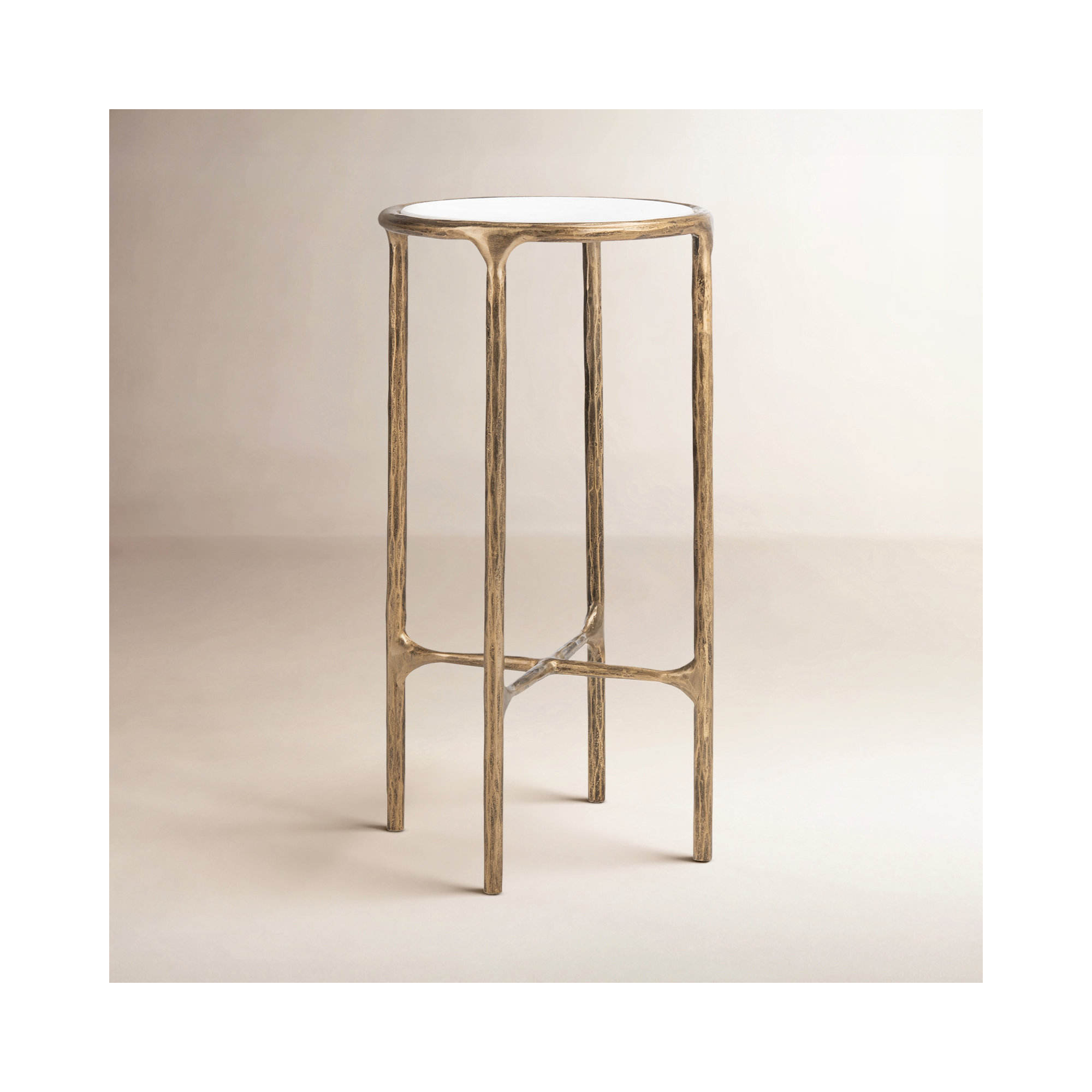 Evelynn Glass Cross Legs End Table, White Marble Top/Brass Base