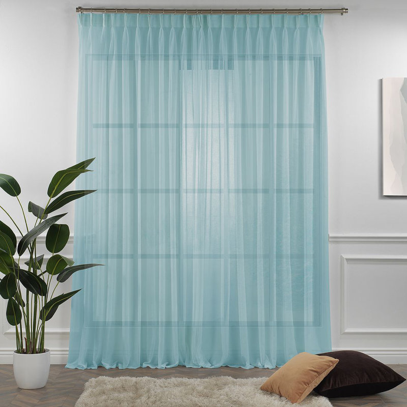 Triple Pinch Pleated Extra Long and Extra Wide Faux Linen Sheer Single Panel, Aqua, 75" W x 168" L