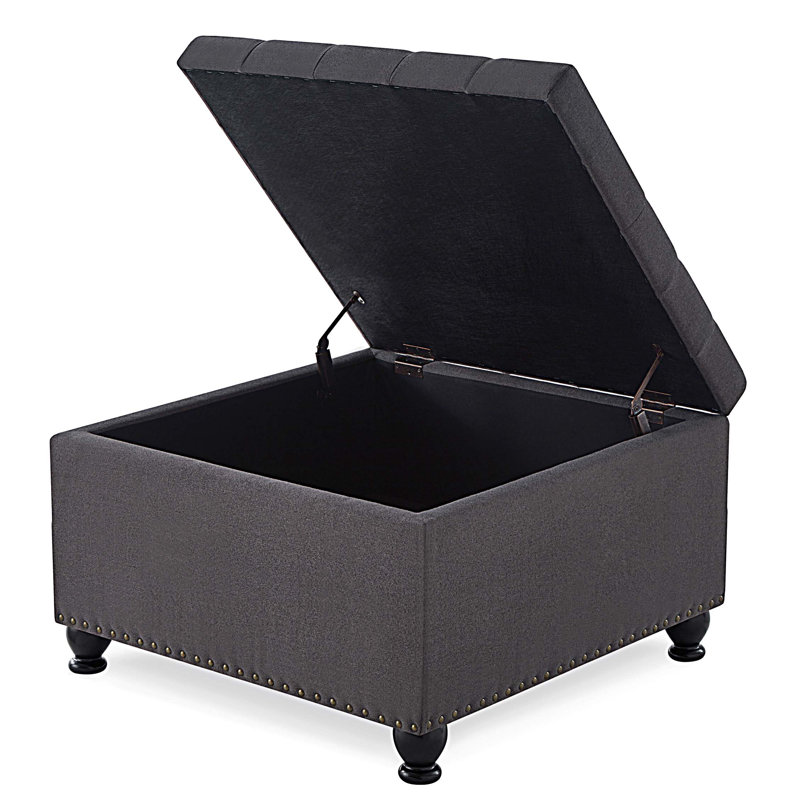 Grand repose-pieds de rangement carré avec pieds en bois, table basse capitonnée avec garniture cloutée pour plus d'espace de vie