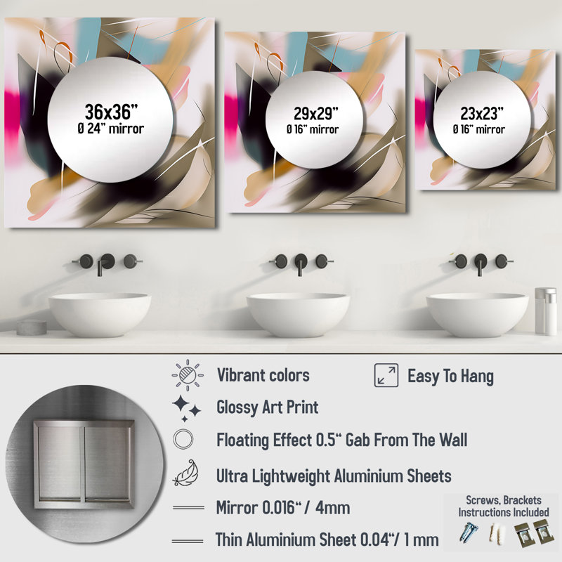 Gianella - Art mural miroir carré abstrait pour salle de bain, 23 po x 23 po