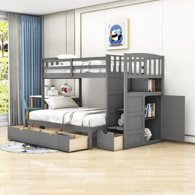 Emmersyn Kids Twin Over Full/Twin 3 Drawers Wood Bunk Bed with Shelves, Convertible Bottom Bed