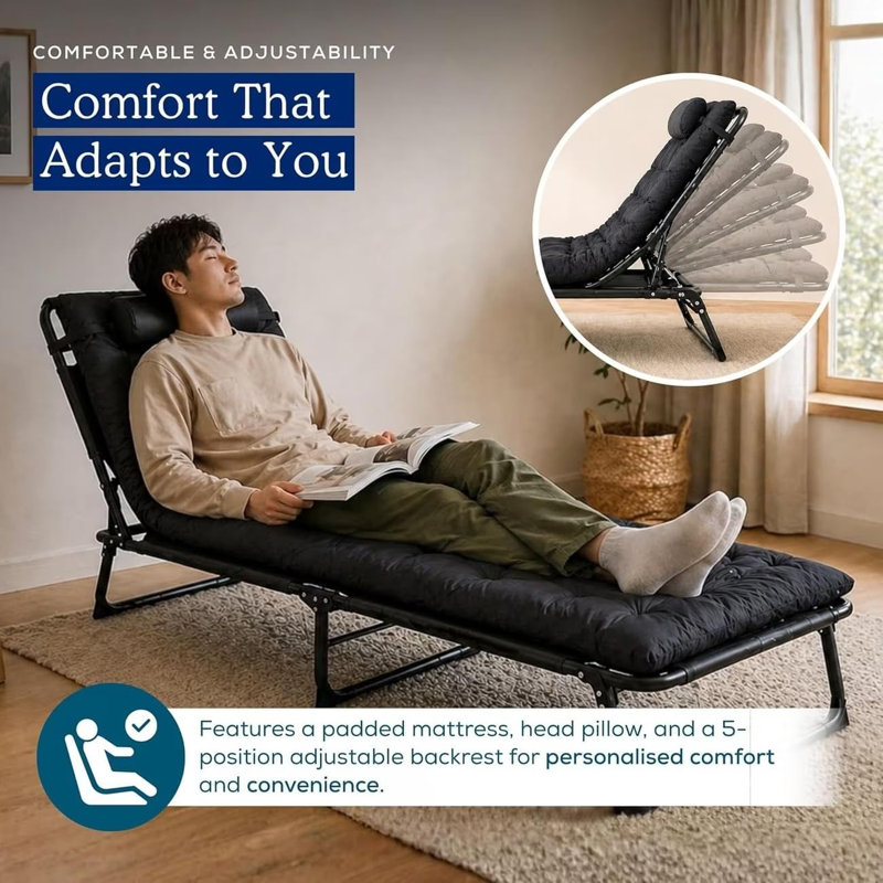 Folding Camping Cot 5-Position Adjustable Camp Bed with Mattress Pillow