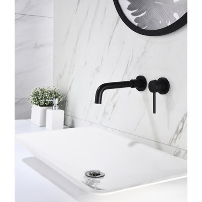 Wall Mounted Faucet For Bathroom Sink In Matte Black, Single Handle Accurate Water Delivery And Flow Management, Pop-Up Drain, To Corrosion With Brass Stainless Steel Sink, Black Color, Smooth