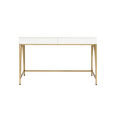Bureau d'ordinateur blanc brillant avec pieds en métal doré et 2 tiroirs de rangement pour le bureau