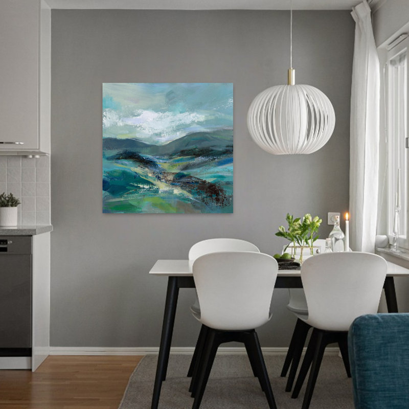 Contemporary Contemporary Turquoise Slopes I with Abstract Black Art, H 32 po x l 32 po