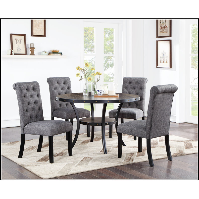Ensemble de table de salle à manger moderne et classique en bois naturel avec 4 chaises capitonnées en tissu gris anthracite et tablette de rangement, ensemble de 5 pièces
