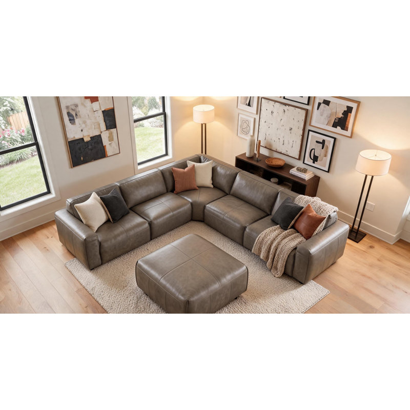 Canapé modulaire en cuir avec repose-pieds Fernagh, Cuir véritable gris pierre