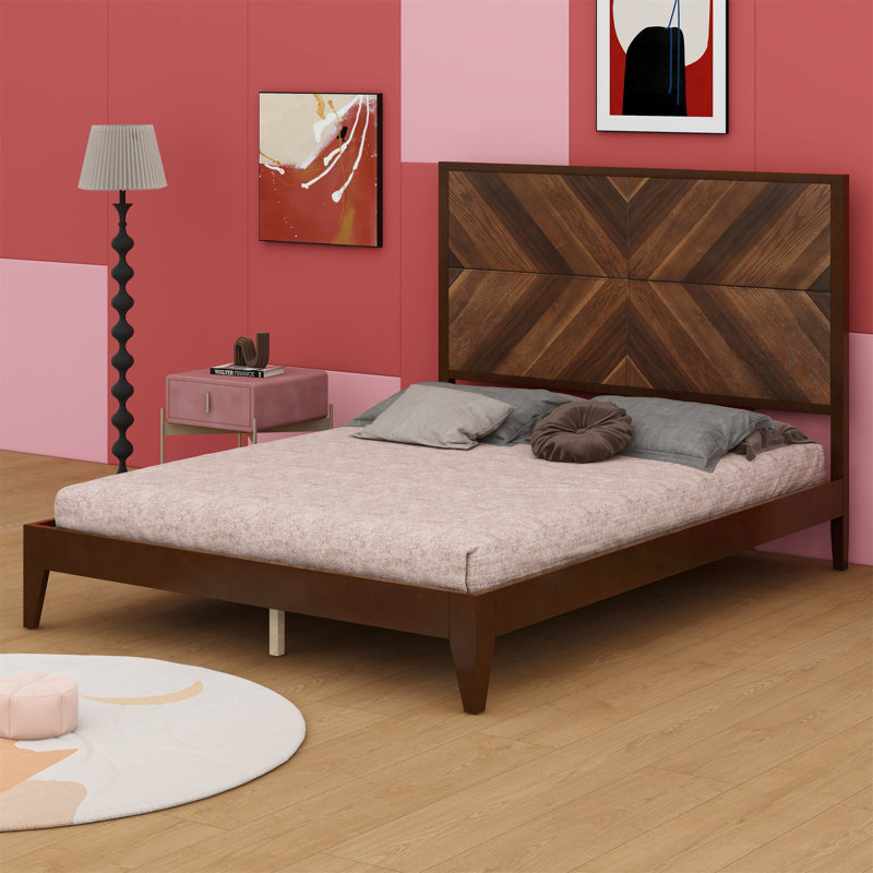 Senorita Mid-Century Modern Platform Bed Wood Slat Support With No Box Spring Needed, Queen