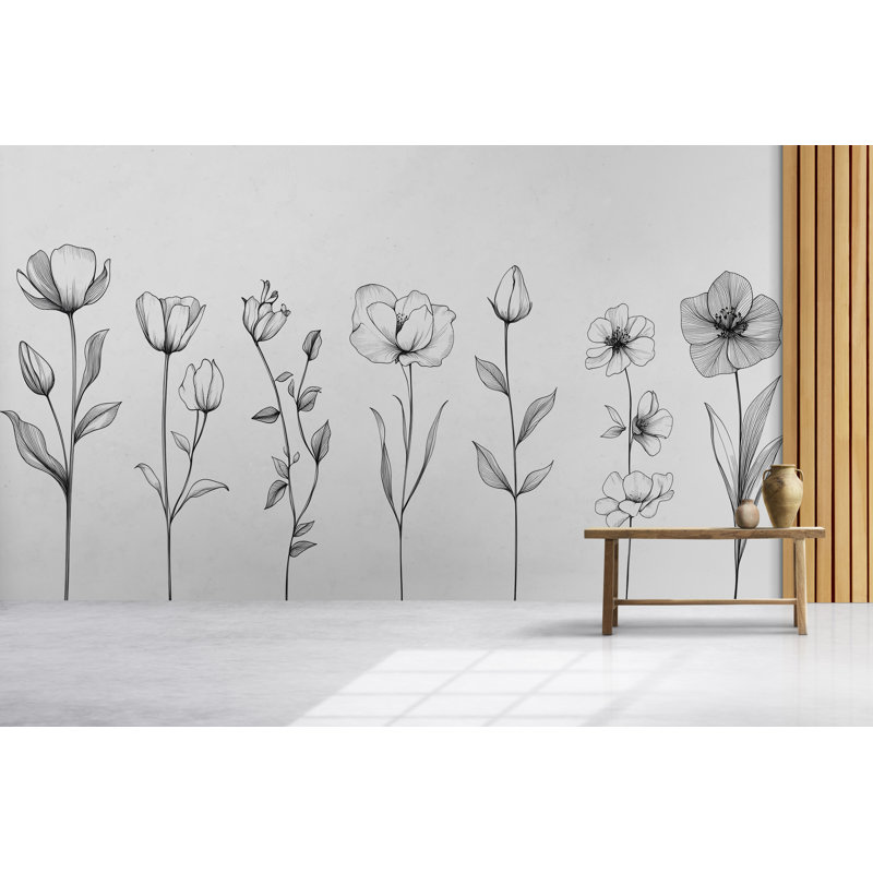 Décalcomanie murale fleur minimaliste - art mural ligne noire pour salon, grand autocollant botanique 075Mv