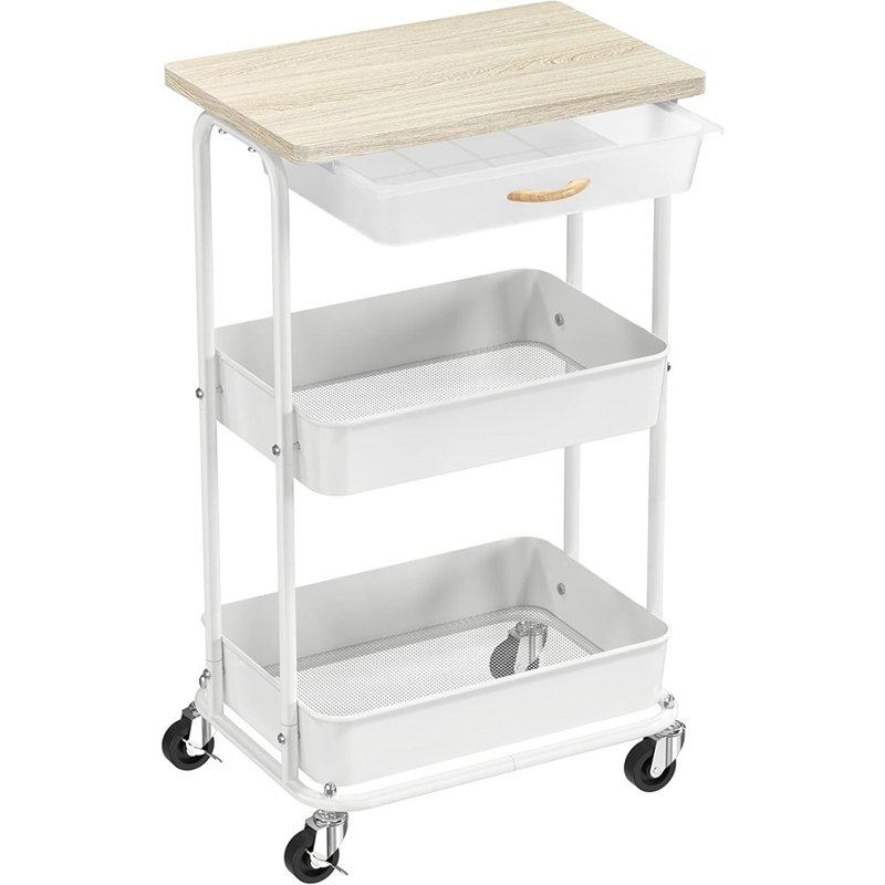 Chariot utilitaire roulant à 3 niveaux avec tiroir et plateau de table en bois, table d'appoint et table de chevet mobile, chariot de rangement mince pour la chambre et la maison