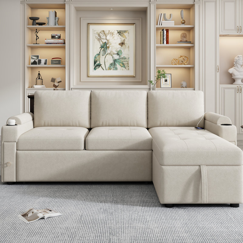 Convertible avec rangement dissimulé, porte-gobelets, ports, tiroirs de rangement modulaires en chenille beige,, Beige