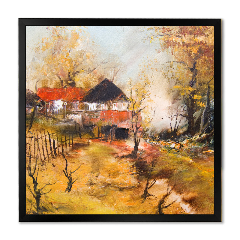 Paysage d'automne avec ferme - décoration murale en toile de ferme, H 16 po x l 16 po x P 1 po, Cadre photo noir