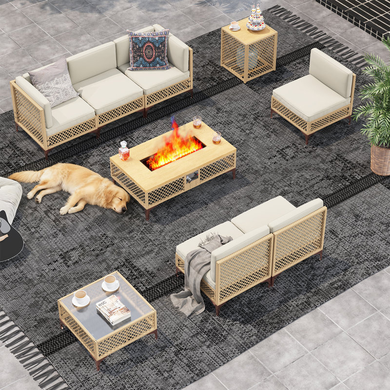 Ensemble de mobilier d'extérieur en rotin 7 pièces avec table de feu