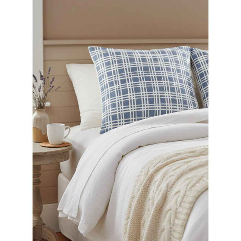 Cape Blue Estate Plaid Linen Dutch Euro Pillow 28X36 with Down Insert, Beige, Square 26", Down Blend