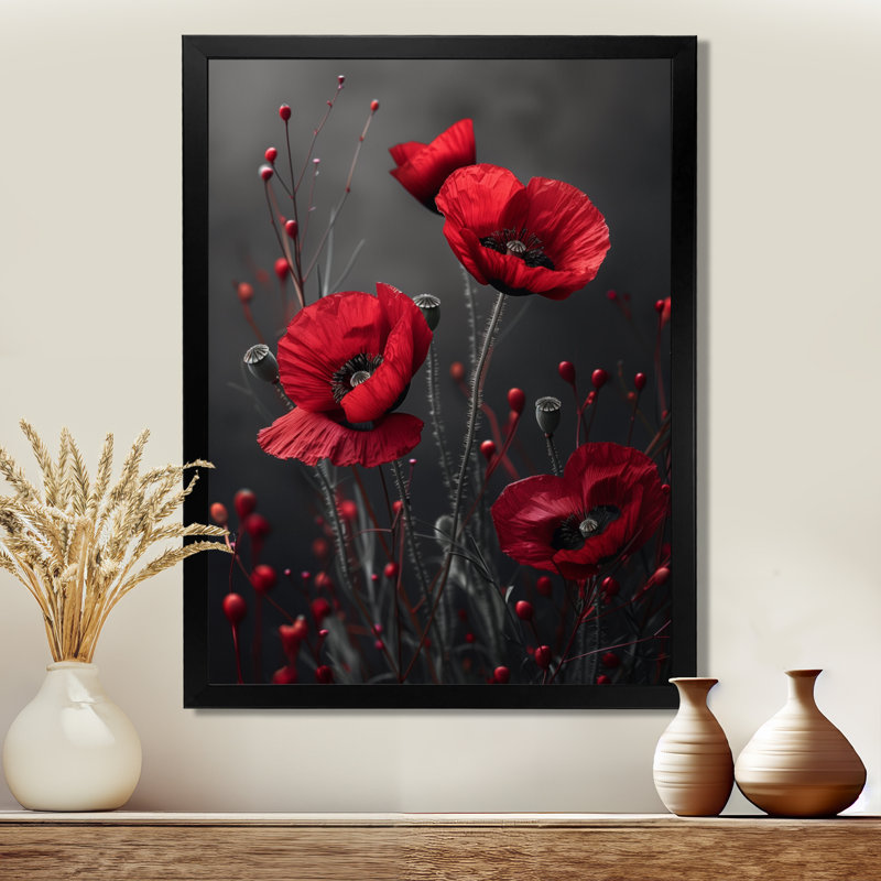 Délicat rouge coquelicots monochromes photo II - coquelicots, art mural, Toile encadrée noire simple