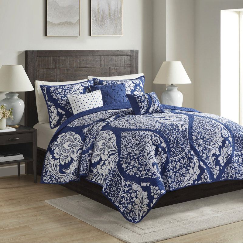 Couette en coton imprimé, indigo, design élégant, surpiqûres, coussins brodés, lavable à la machine, matelassage intégral, coussins