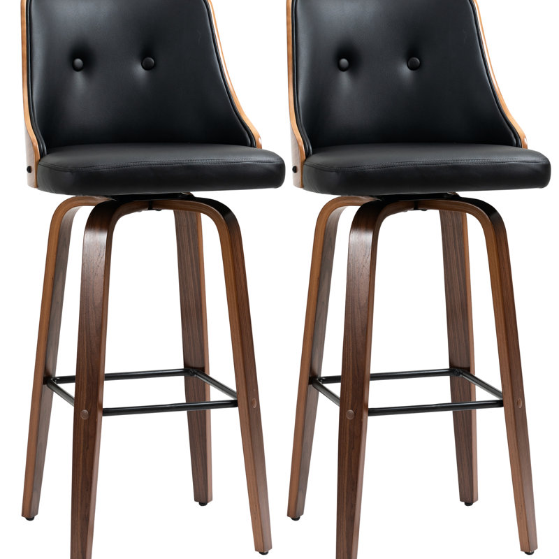 Tabourets de bar, de 2, noir. Cuir d'unité centrale, dossier et repose-pieds. 360 pieds pivotants en bois massif pour un look moderne avec 2 tabourets noirs. Cuir avec élévation élégante