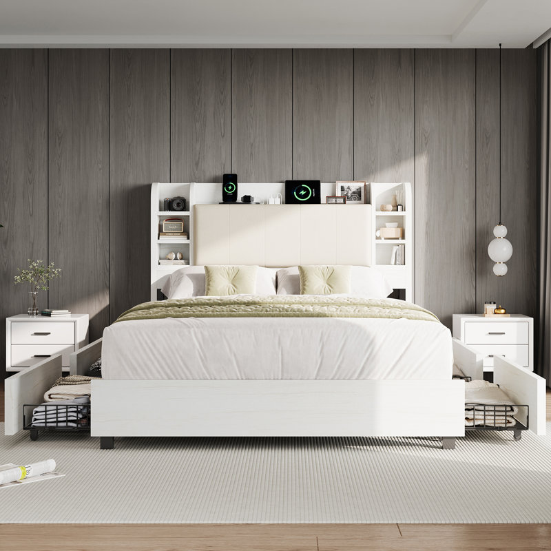 Structure de lit tapissier 47,2 po avec 4 tiroirs de rangement, blanc, Blanc, Grand
