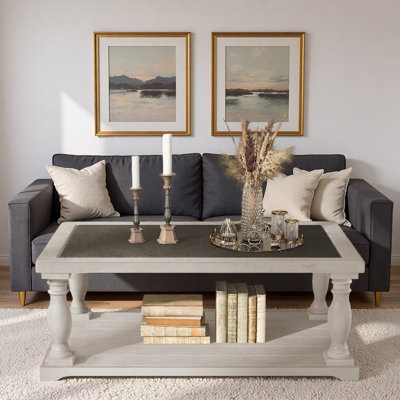 43.7''Farmhouse Rectangular Coffee Table with Open Lower Shelf and Turned Spindle Wood Legs
