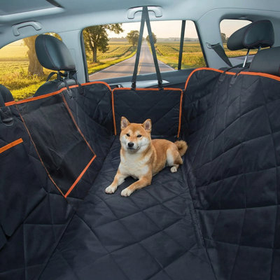 Waterproof rear seat cover for canines featuring hammock configuration that shields vehicle interior from scratches, hair, and soil, simple mounting and cleaning process, Oxford fabric compatible with machine washing, universal fit pet seat protector.