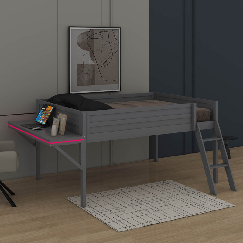 Lit mezzanine double en bois avec bureau et DEL, Lit double