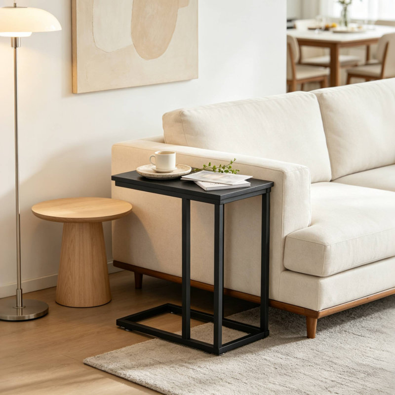 Camillie C Shaped End Table TV Tray Set, Black Top/Black Base