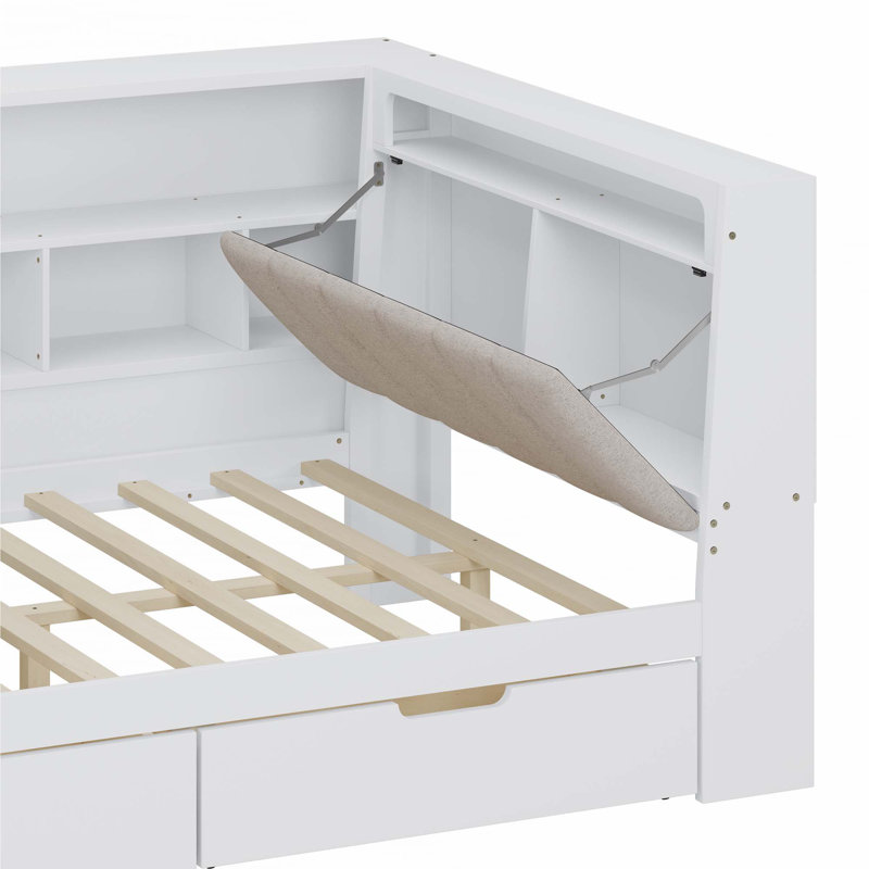 L-shaped Wooden Daybed with LED Light,Desk and Storage Bookcase, Full/Double, White