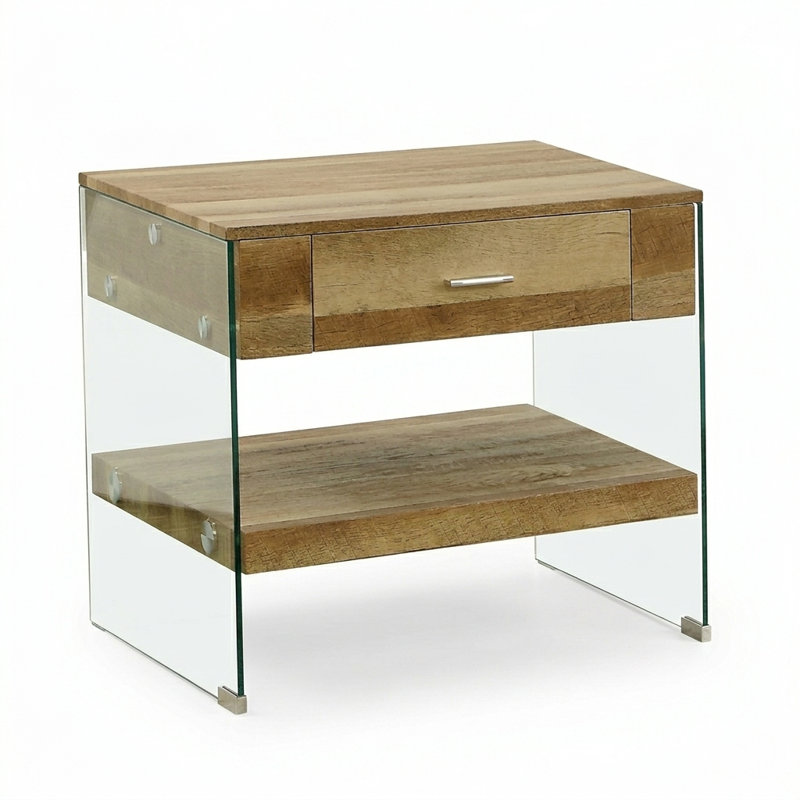 Rein Rein Table de bout rectangulaire en bois naturel et verre avec tiroir de rangement et tablette ouverte