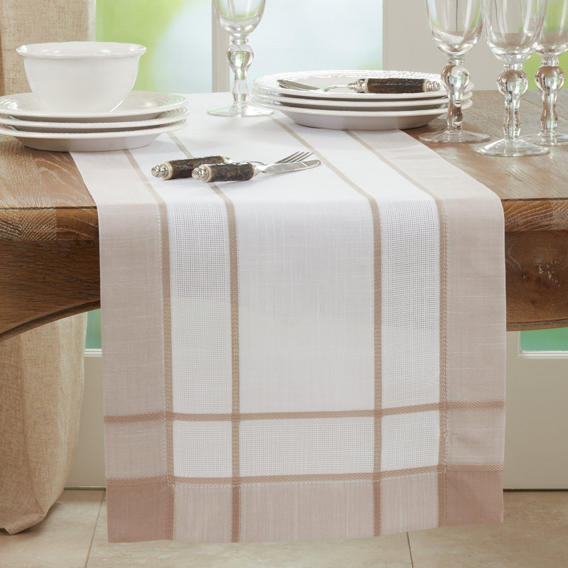 Beige and White Polyester Table Runner with Banded Border