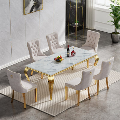 70" Luxury Faux Marble Dining Table Set, Modern Kitchen Table with Stainless Steel Pedestal, Modern Dining Room Table with Velvet Dining Chairs, Dining Table Set