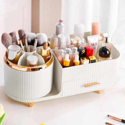 Organisateur de maquillage rotatif 360 pour coiffeuse avec porte-pinceau et tiroir, rangement pour maquillage cosmétique, grand organisateur de maquillage pour la peau, organisateur de maquillage de comptoir, vitrine de lotions