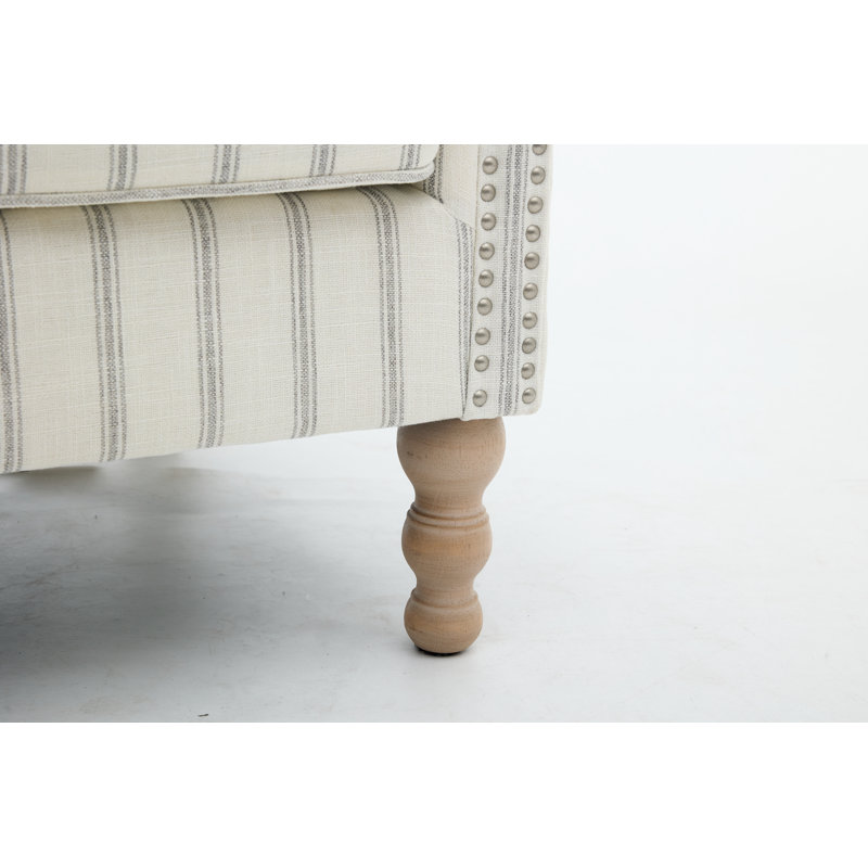 Fauteuil à oreilles moderne à rayures avec pieds en bois massif de style romain et coussin éponge haute densité pour le salon et la chambre à coucher