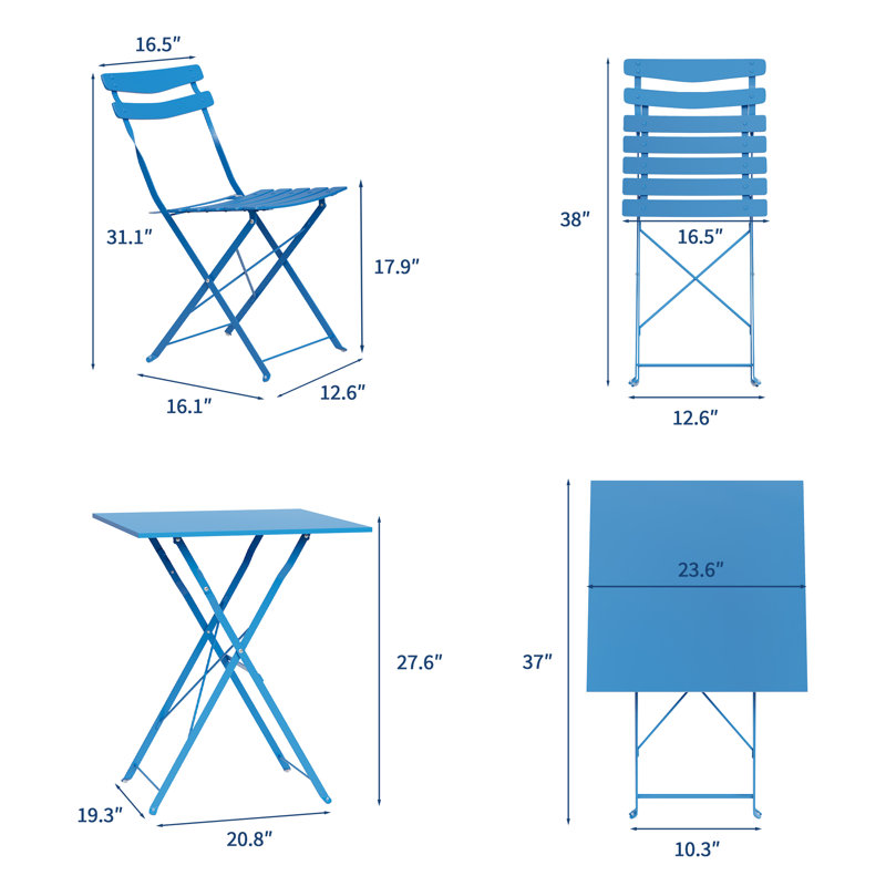 Ensemble bistro 3 pièces en métal pliable, table de patio et chaises résistantes aux intempéries, Blue