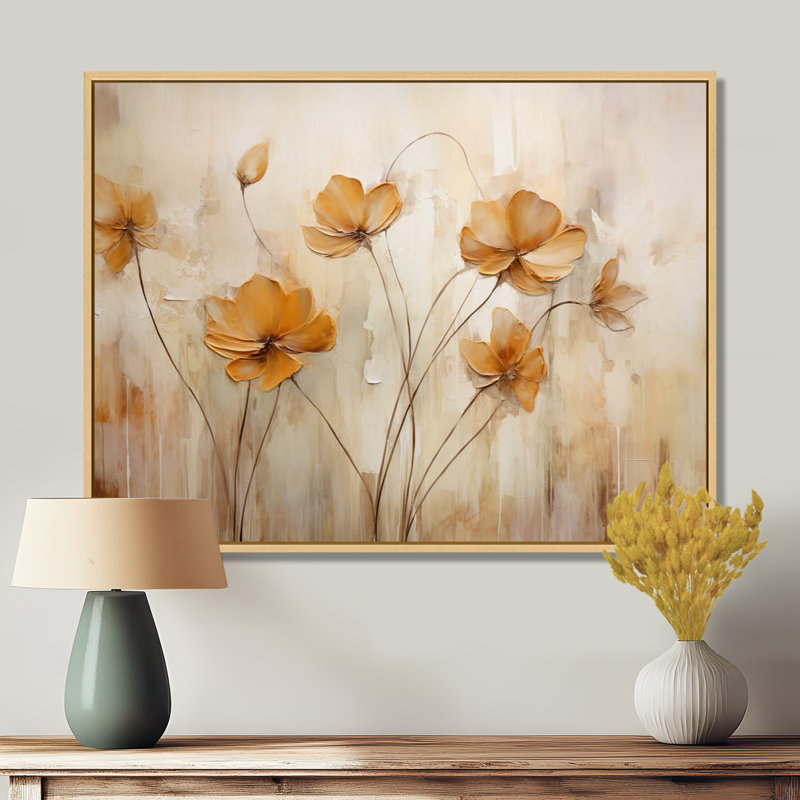 «Beige Botanical Impressions IV», reproduction d'art mural abstrait, H 12 po x l 20 po x P 1 po, Cadre flottant érable
